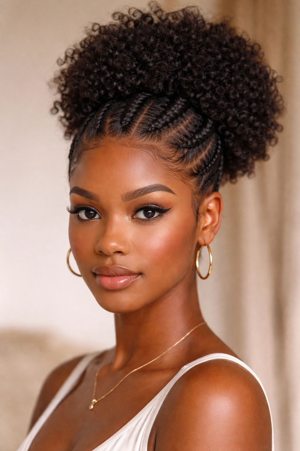Front view of a braided Afro Puff with multiple braids forming a crown-like puff
