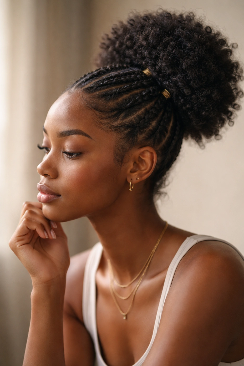 Contemplative portrait of a person with braided afro puff in soft studio light