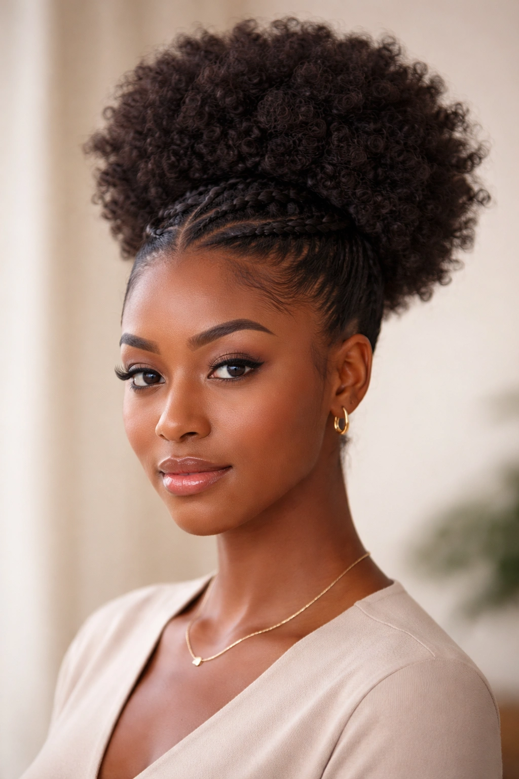 Braided base on afro puff for professional look