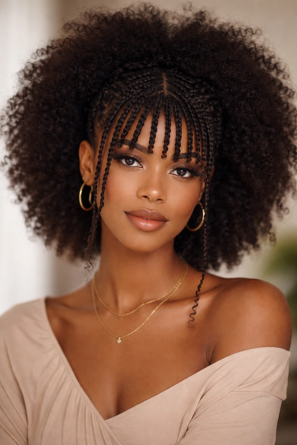 Braided bangs framing face with a full afro crown