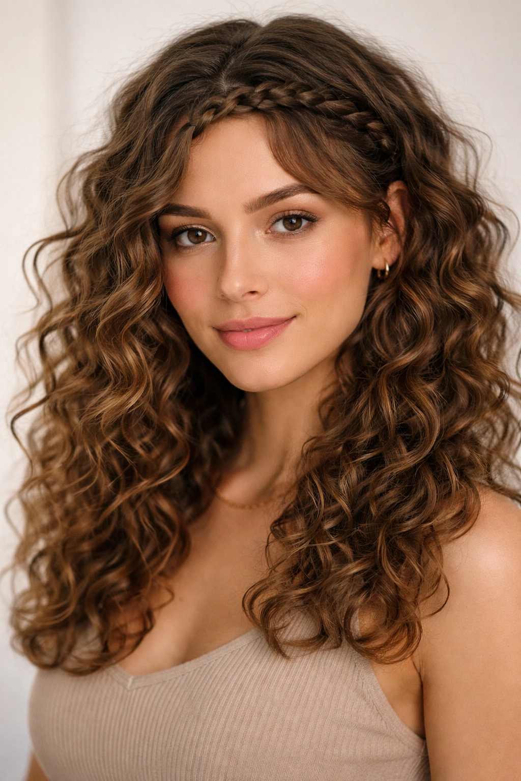Braid across forehead with free-flowing curls framing the face.