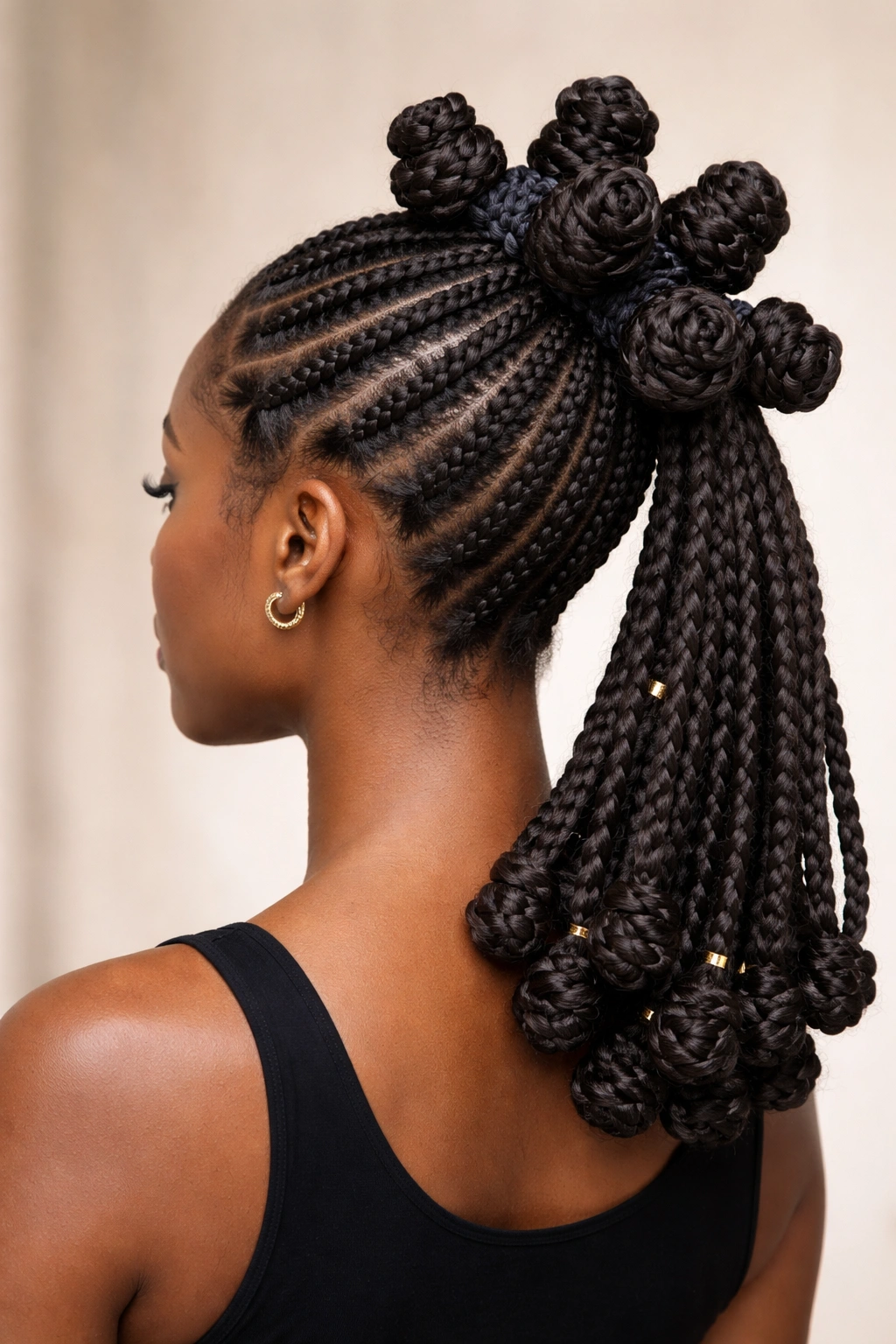 Braided base feeding into a bantu knot ponytail with knots at the back.