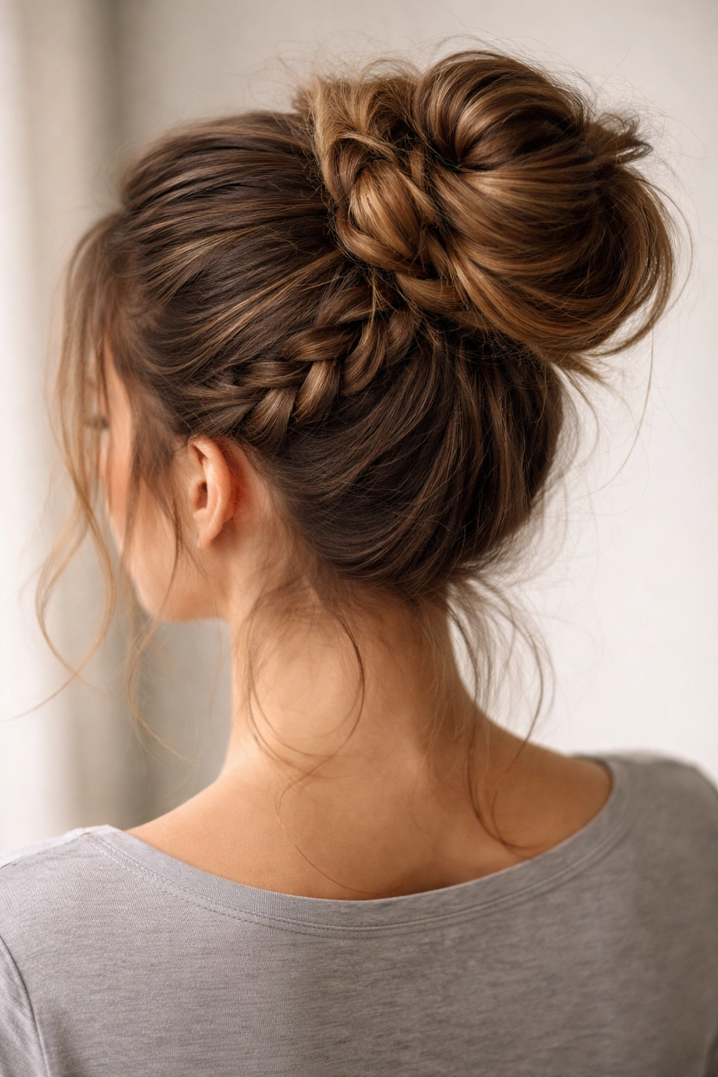 High ponytail with Dutch braid forming a base for the bun