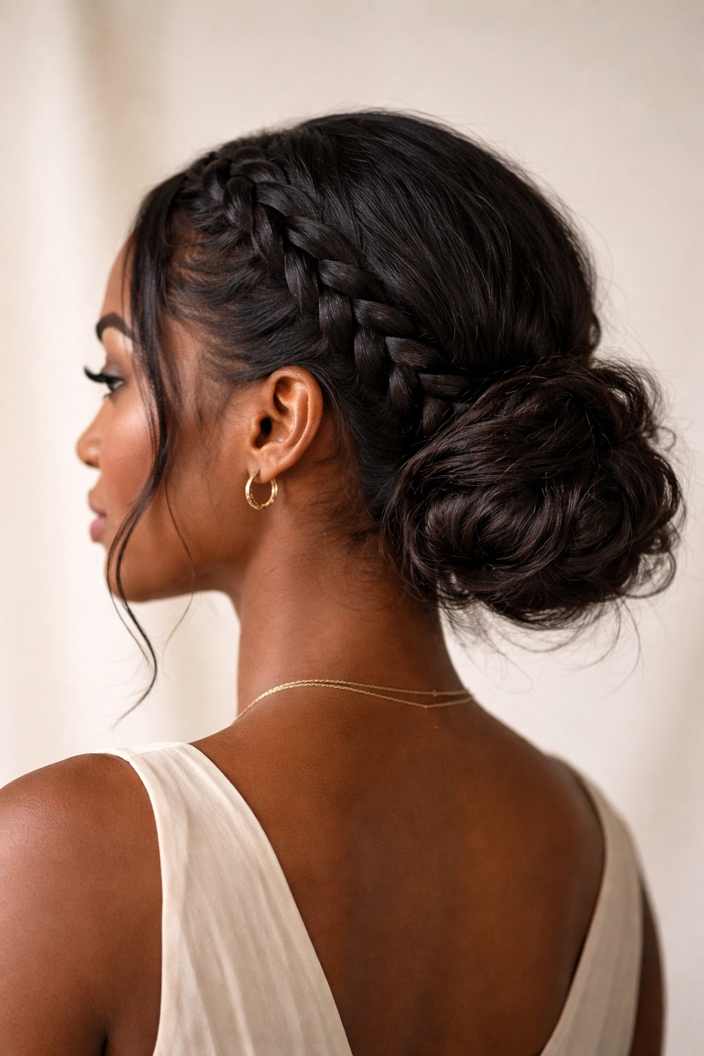 Braided base low bun with braids meeting at the nape into a relaxed bun