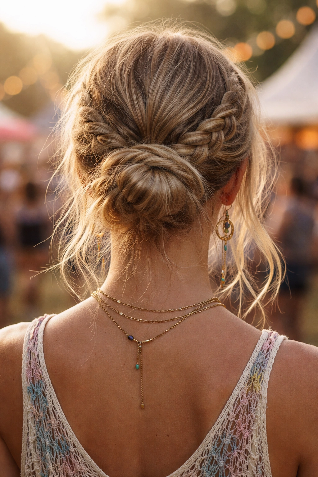Back view of two loose braids forming a base bun at the nape
