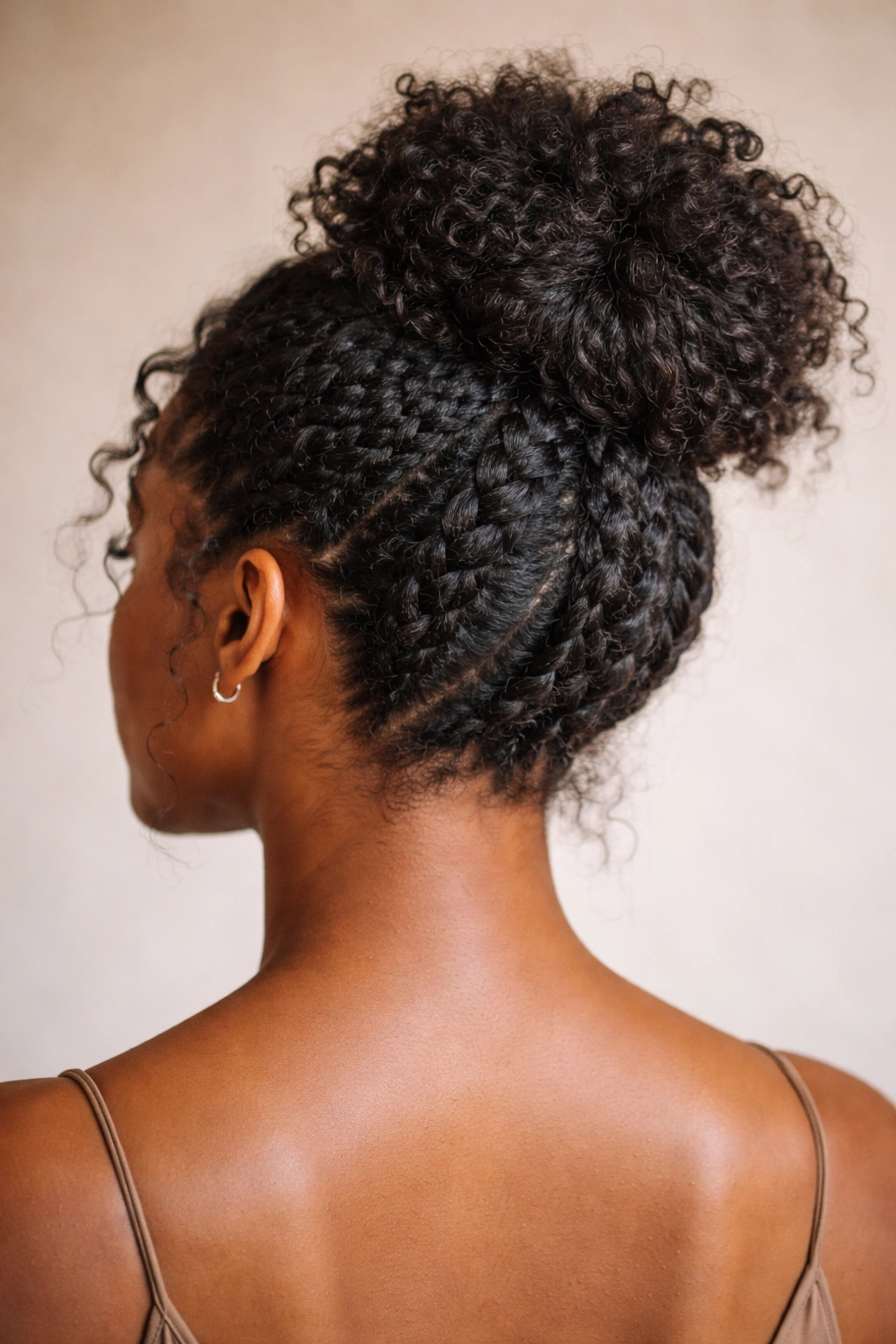 Braided base bun with Dutch braids meeting at the back