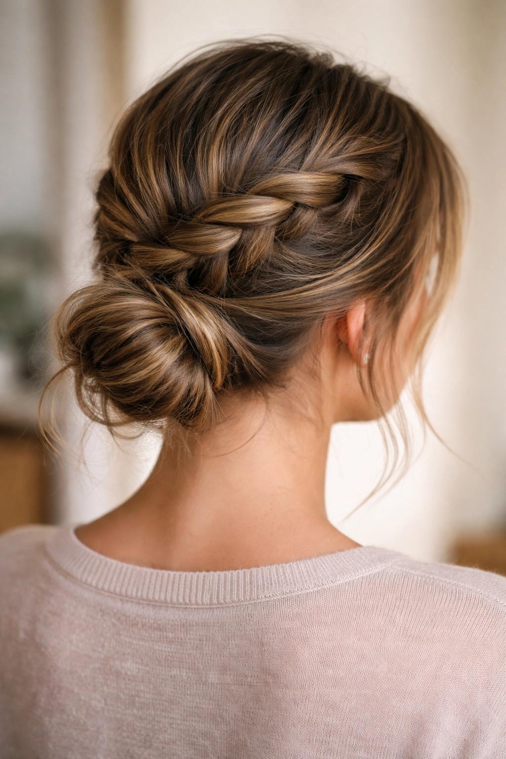 Back view with a crown braid leading into a low bun at the base of the neck