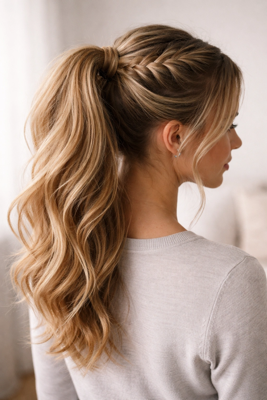 Dutch braid starting at crown leading into a mid-height ponytail
