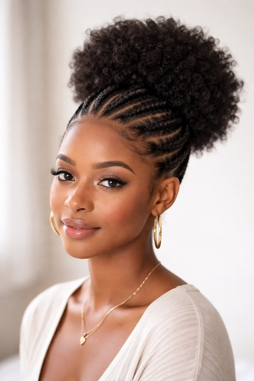 Front view of braided base puff with braids converging to puff