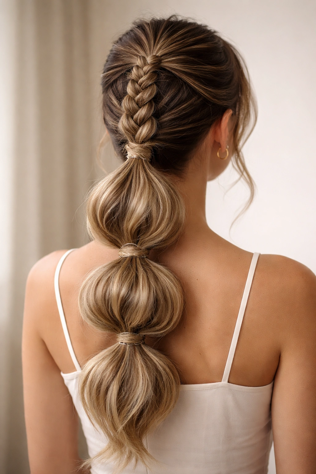 Braided bubble ponytail with braided section integrated into bubbles