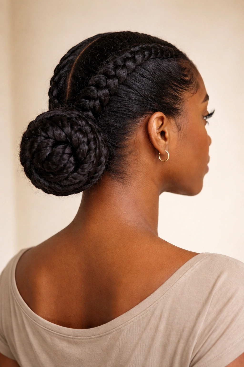 Braided bun with thick braids coiled at the back of the head