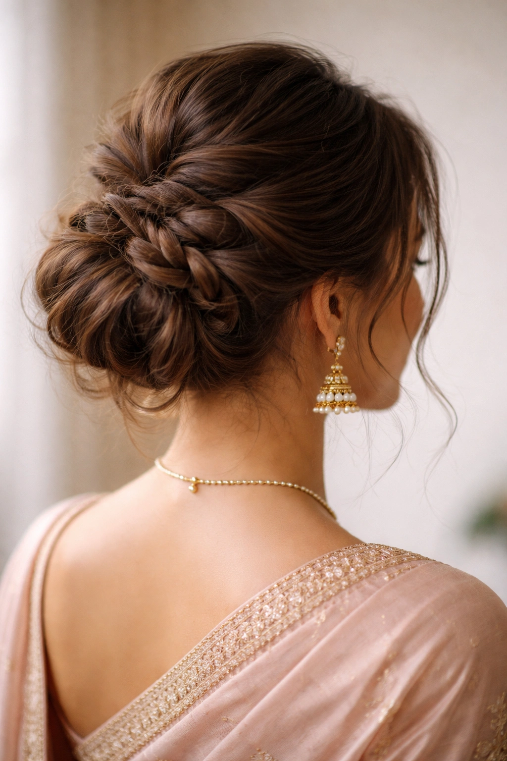 Rear-left view of braided bun base with messy crown