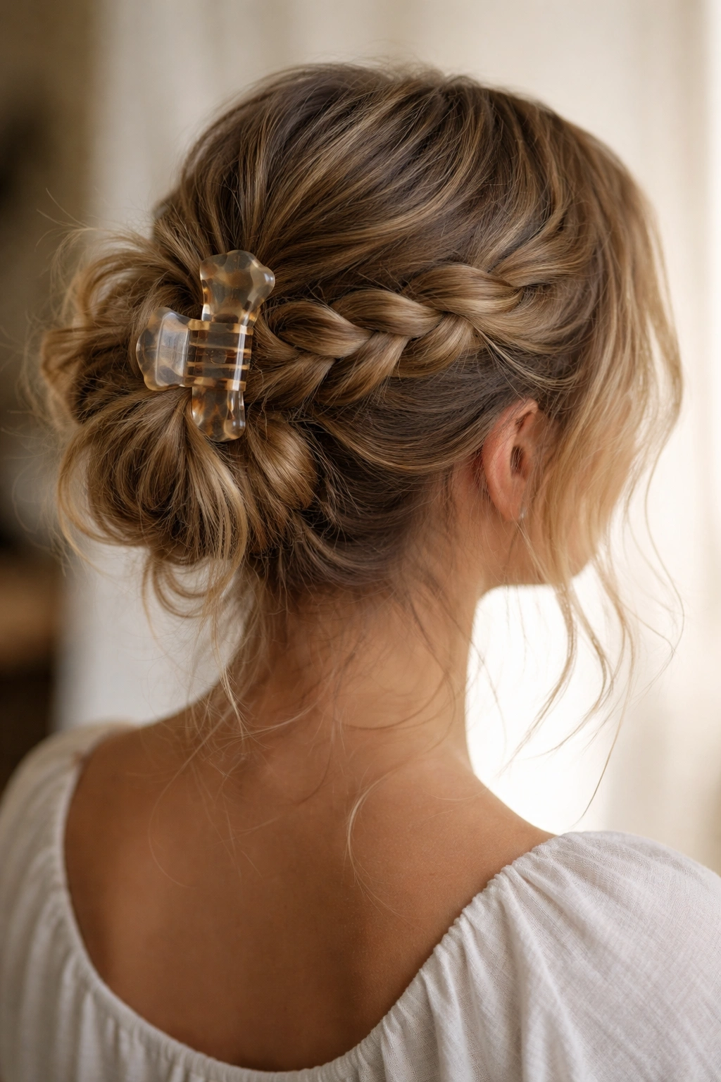 Braid-wrapped messy bun secured with a claw clip