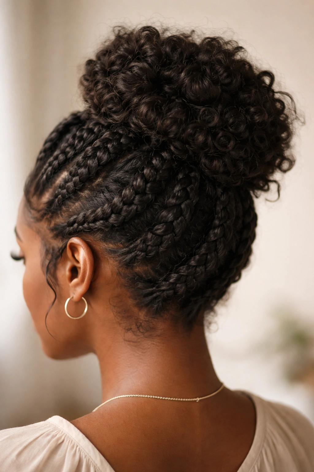 Braided messy bun crown with braids around a central bun.
