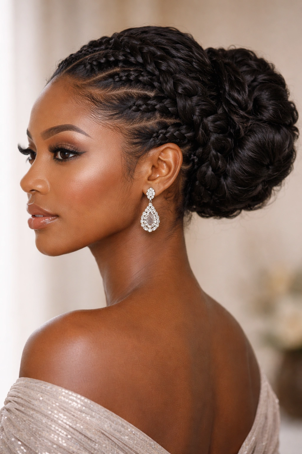 Intricate braided bun crown around the head