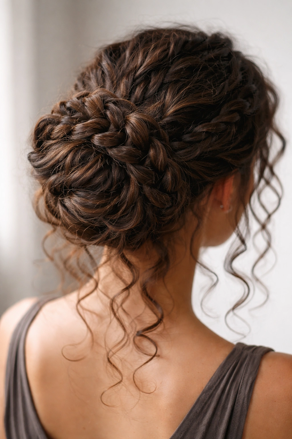 Braided sections wrapped into a bun showing texture and curls
