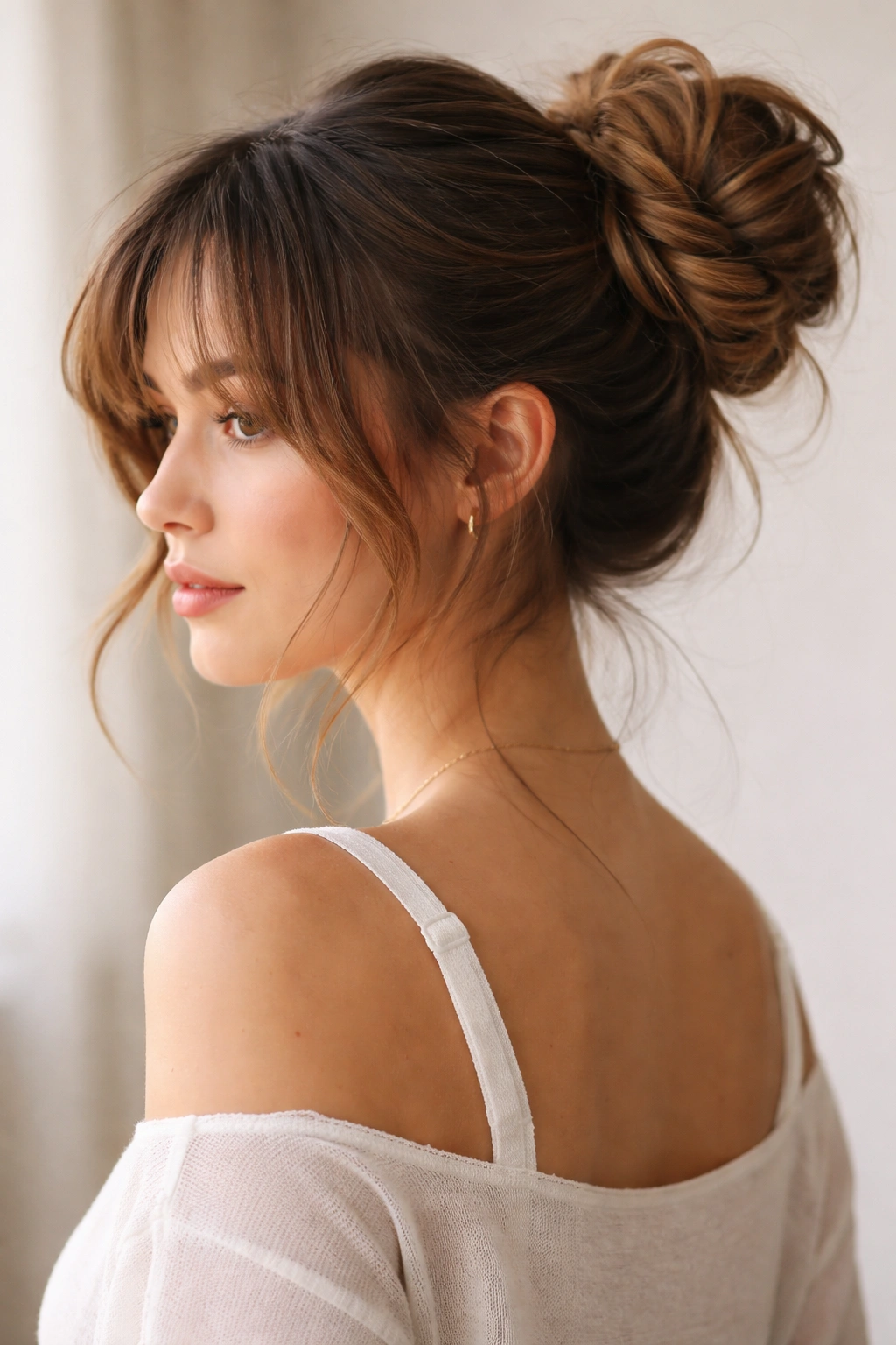 Braided messy bun with soft curtain bangs in a portrait.