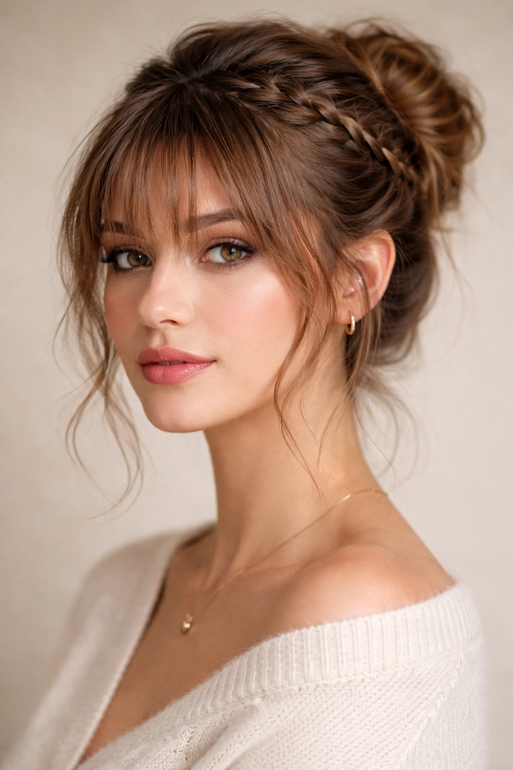 Braided base bun with feathered bangs on a neutral backdrop