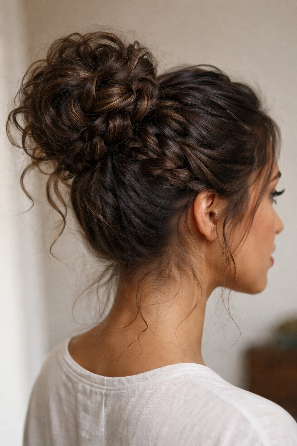 Braided messy bun with visible braid weaving into the bun