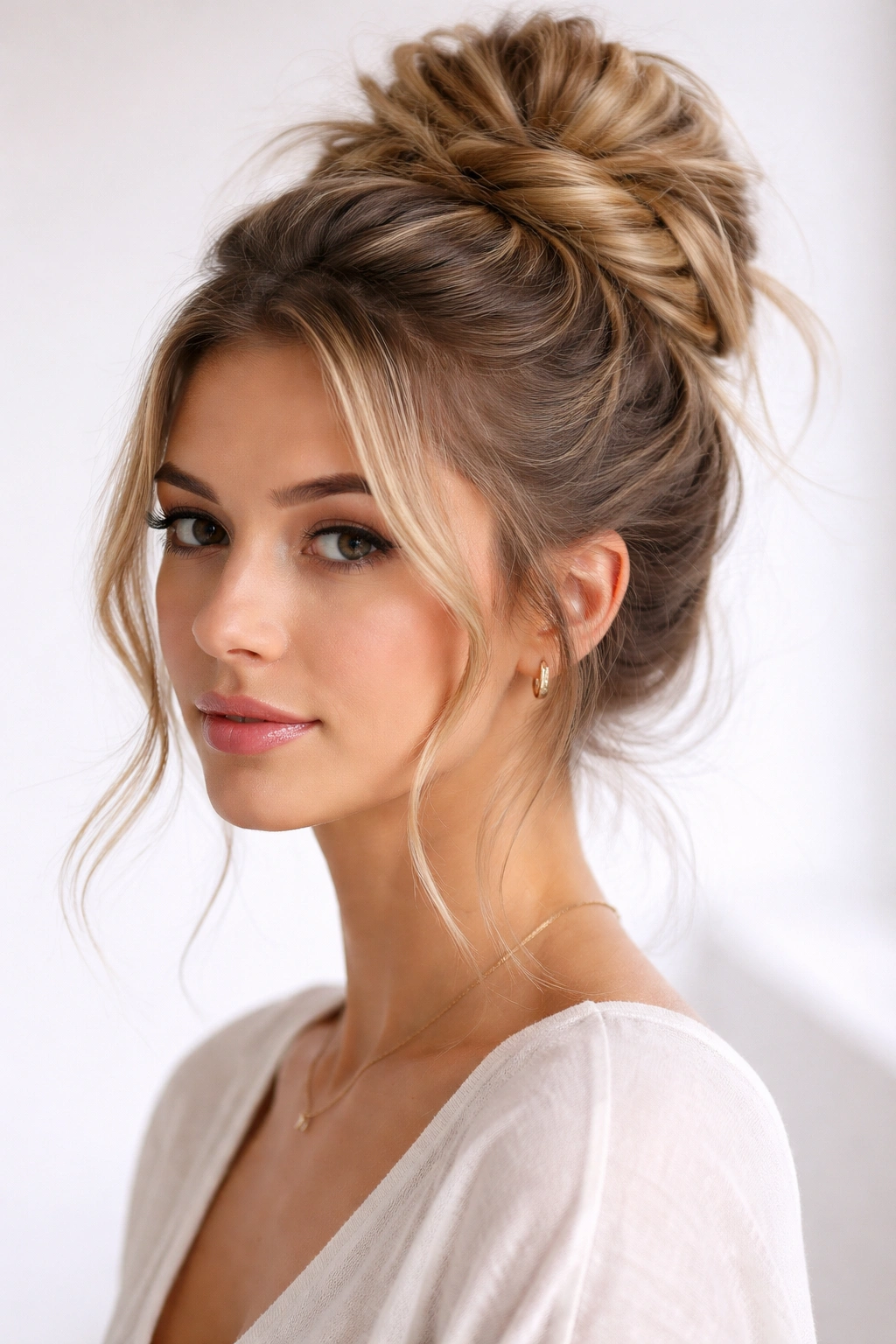 Braided messy bun with a loose braid integrated into the wrap