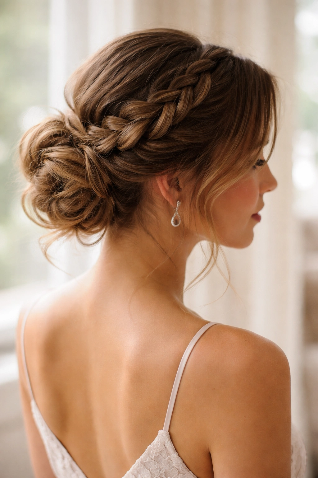 Bridesmaid with loose Dutch braid flowing into a bun, bridal hairstyle