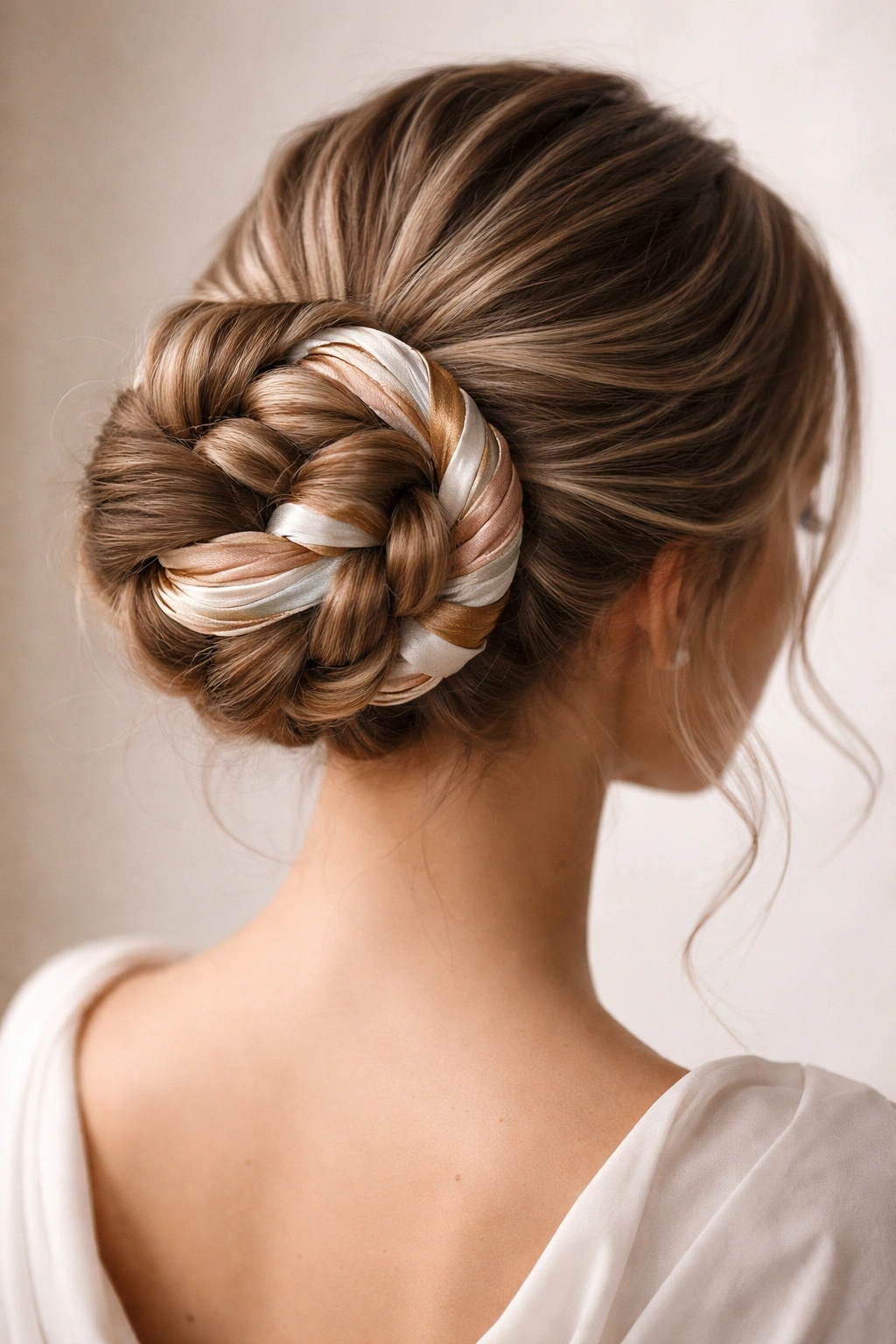 Close-up of braided bun with silk scarf woven through the braid grooves