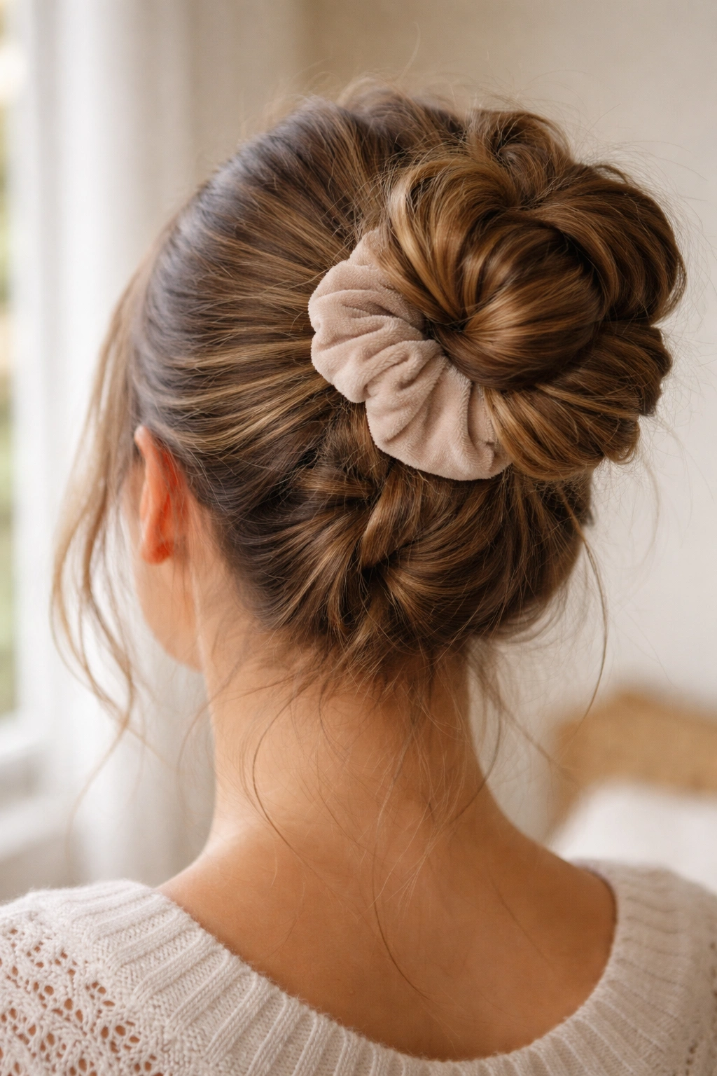 Braided base bun with loose braid wrapped into a bun and scrunchie at center.
