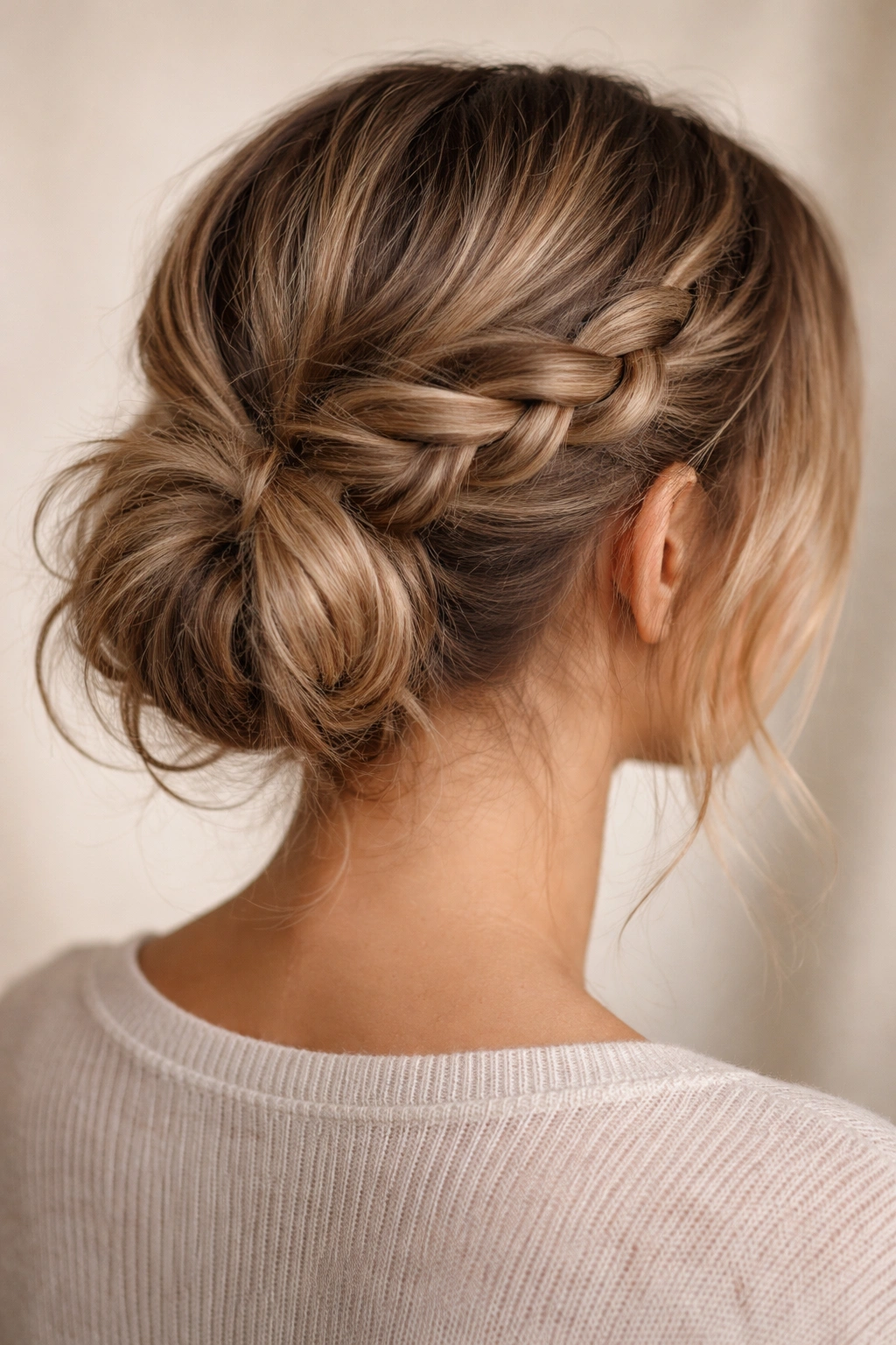 Low messy bun with loose side braid