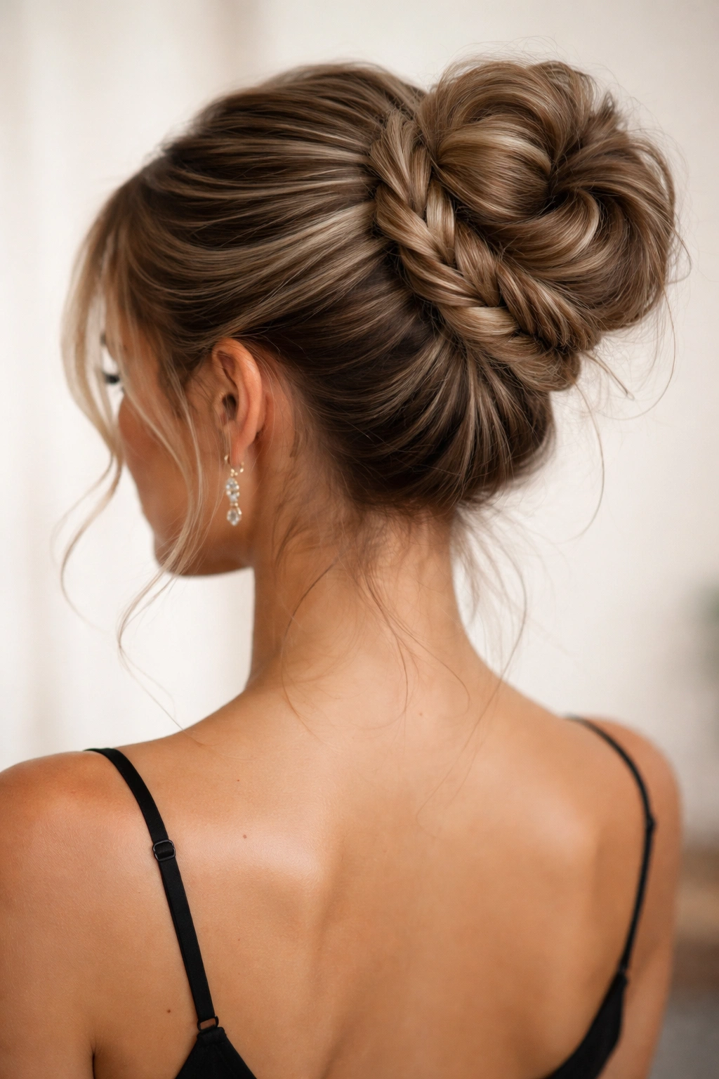 Braided bun with loose braid coiled into a soft, voluminous bun