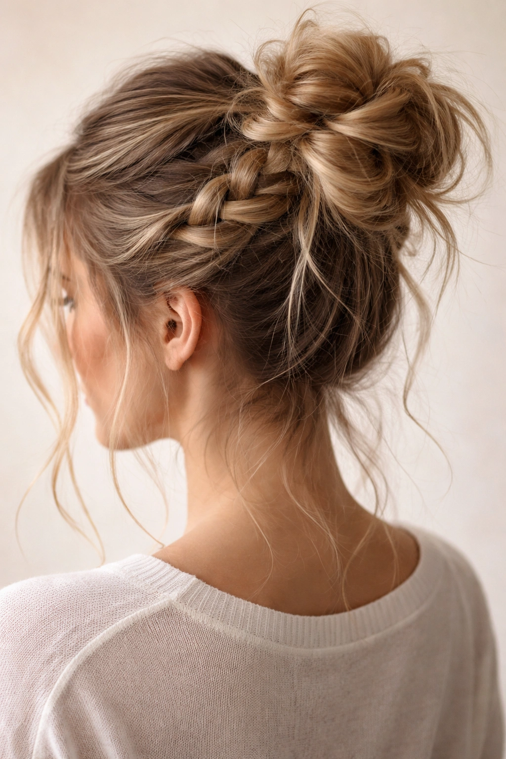 Loose braided messy bun with escaping braid strands