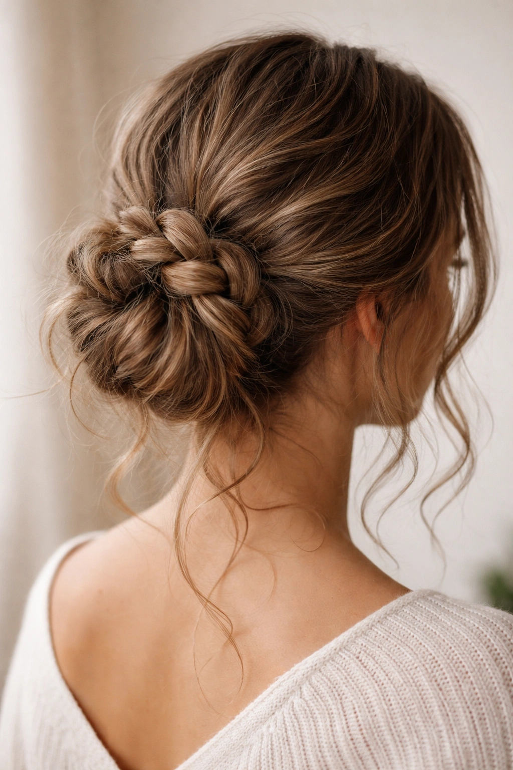Low braided bun with undone texture and visible braid lines on wavy hair.