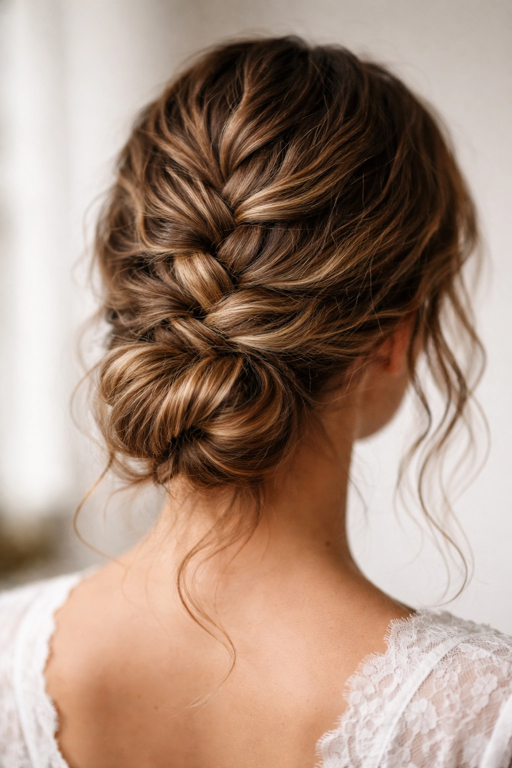 Low bun with a loose back braid merged into waves at the nape