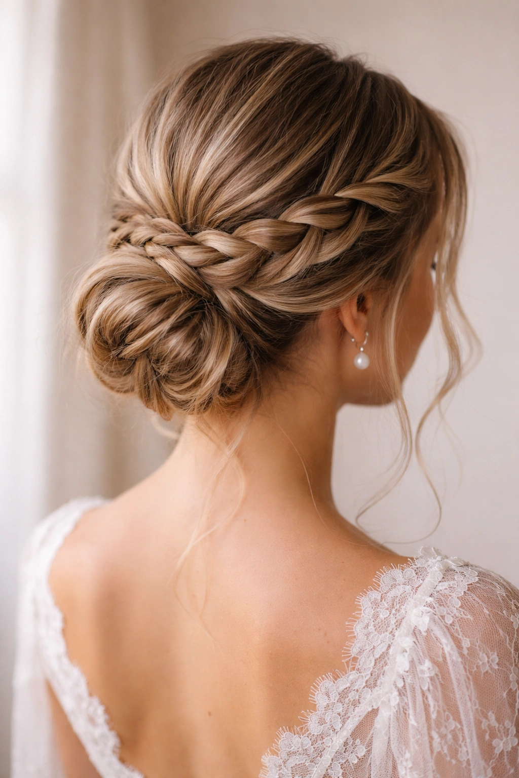 Close-up of a low braided bun with wrapped detail