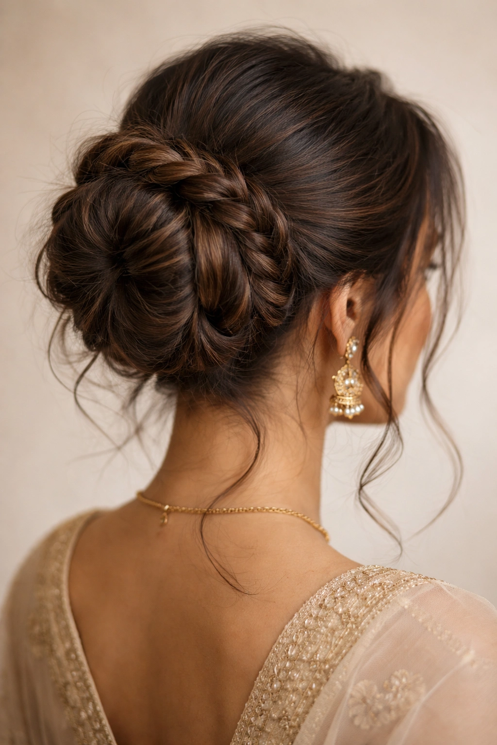 Braided wrap around messy bun with loose braids framing the bun