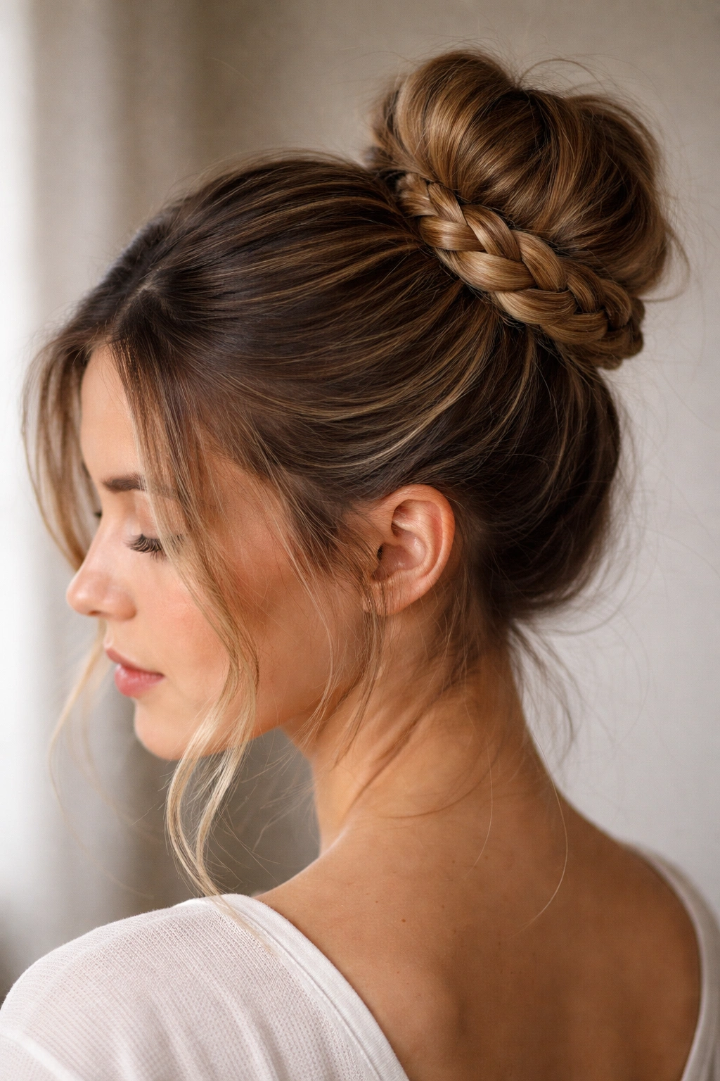 Wrap-around braided bun showing braid around crown with middle part