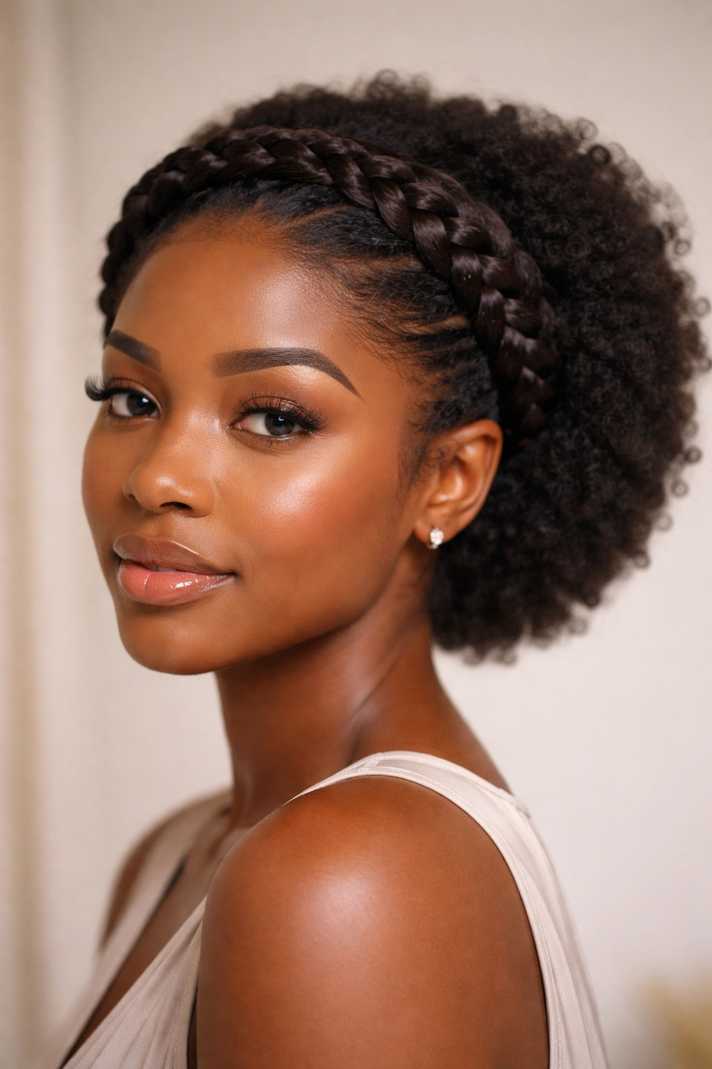 4C hair in a braided crown framing the face