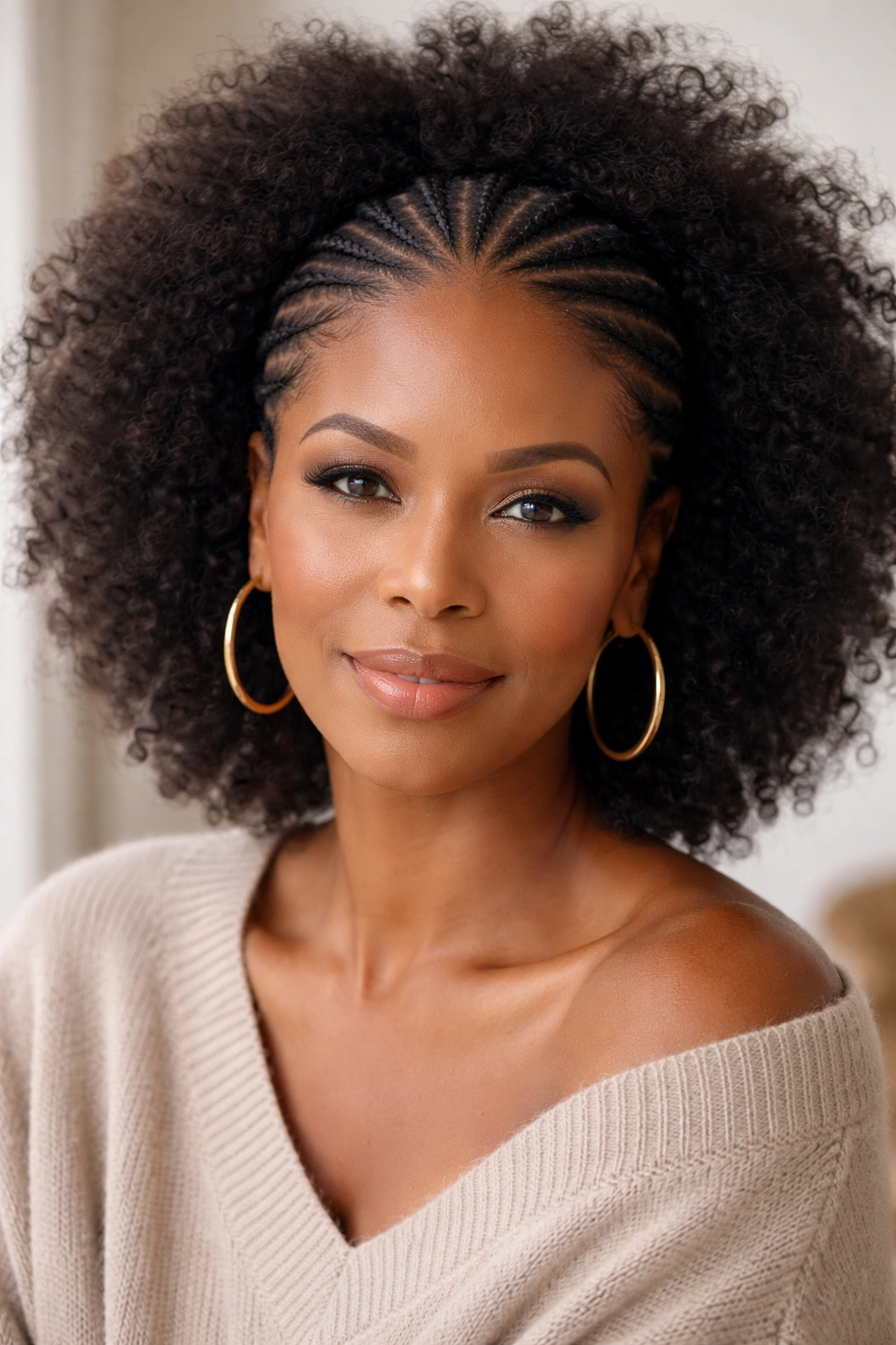Woman with cornrow crown and loose fluffy afro