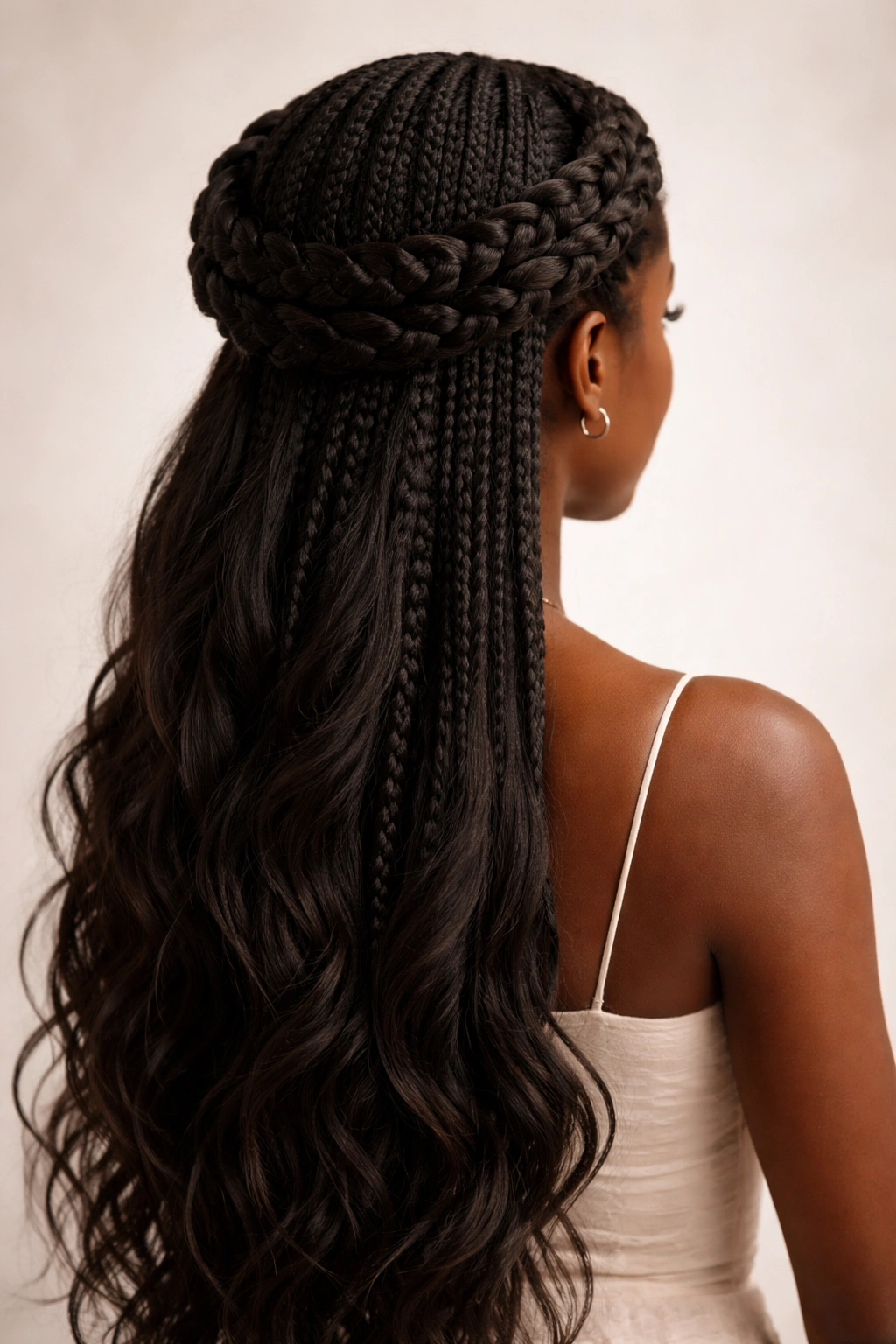 Close-up of long afro hair styled into a braided crown around the head
