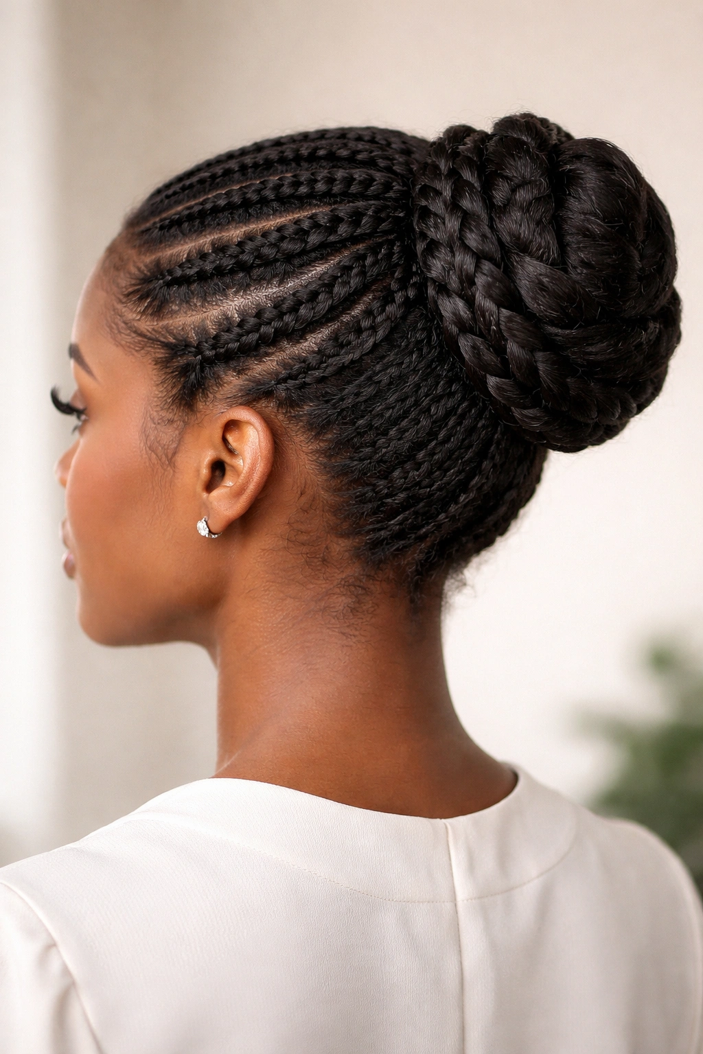 Intricately braided crown bun on textured Afro hair