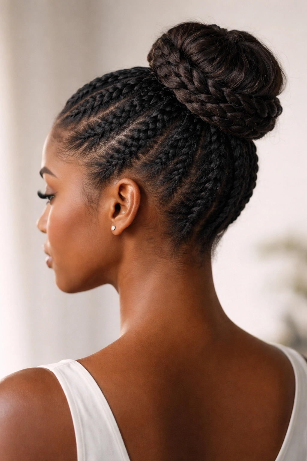 Front/slightly angled view of braided crown bun with braids framing the head