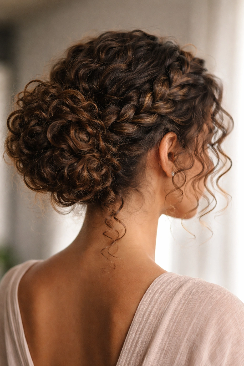 Braided crown around the head flowing into a soft bun with curly texture