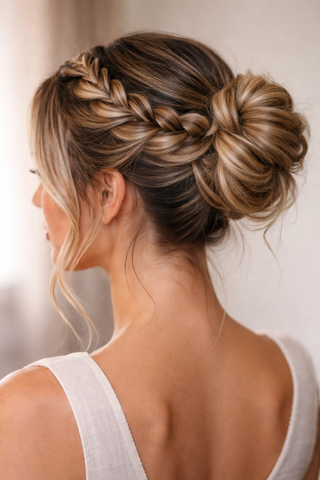 Braided crown around head with bun at back