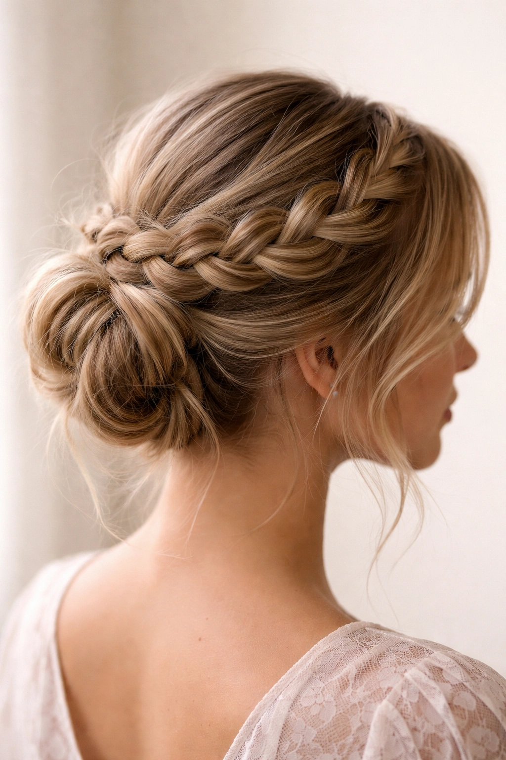 Close-up of a loose braided crown bun at the back of the head