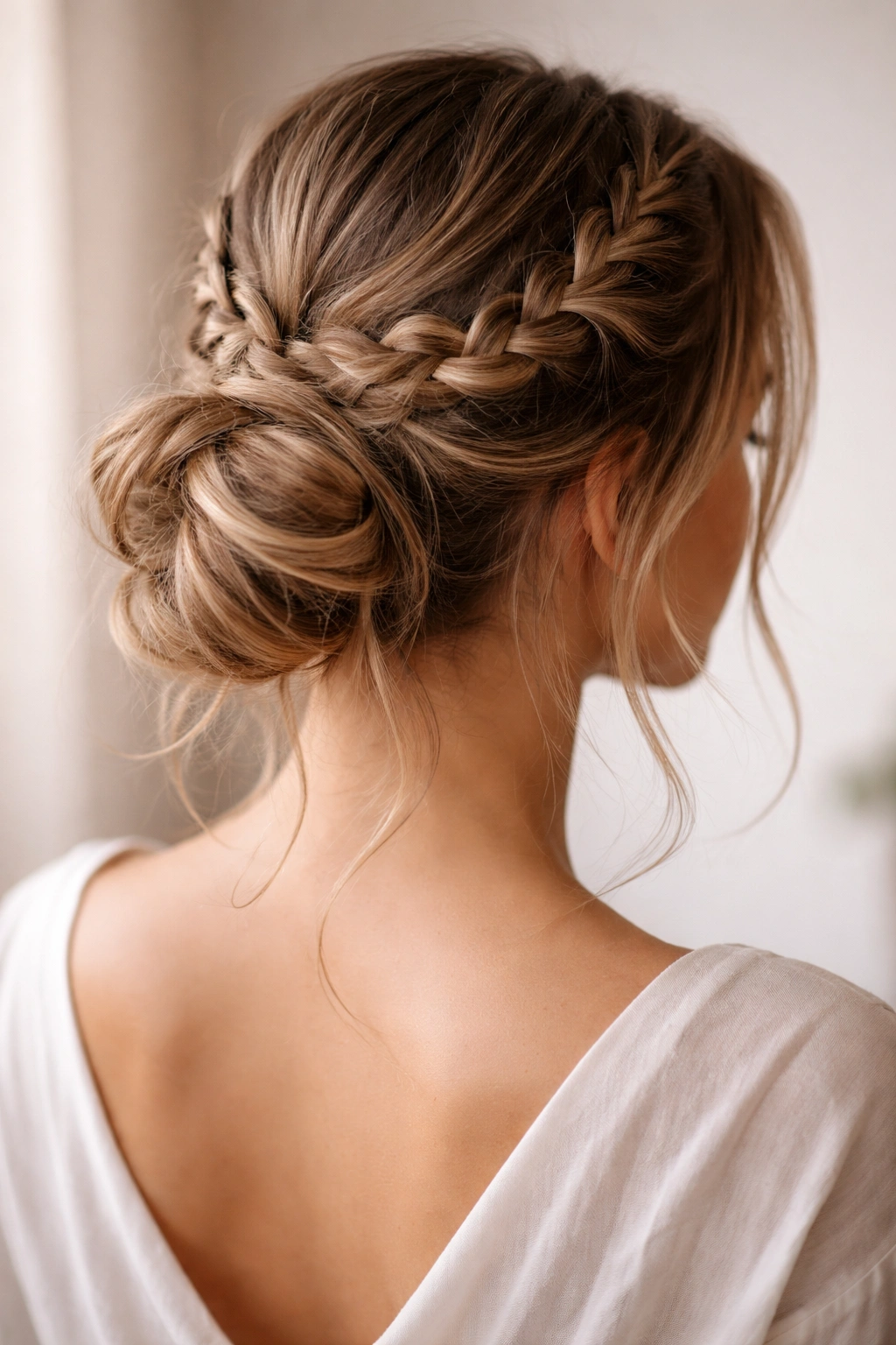 Crown bun formed from two Dutch braids meeting at the nape