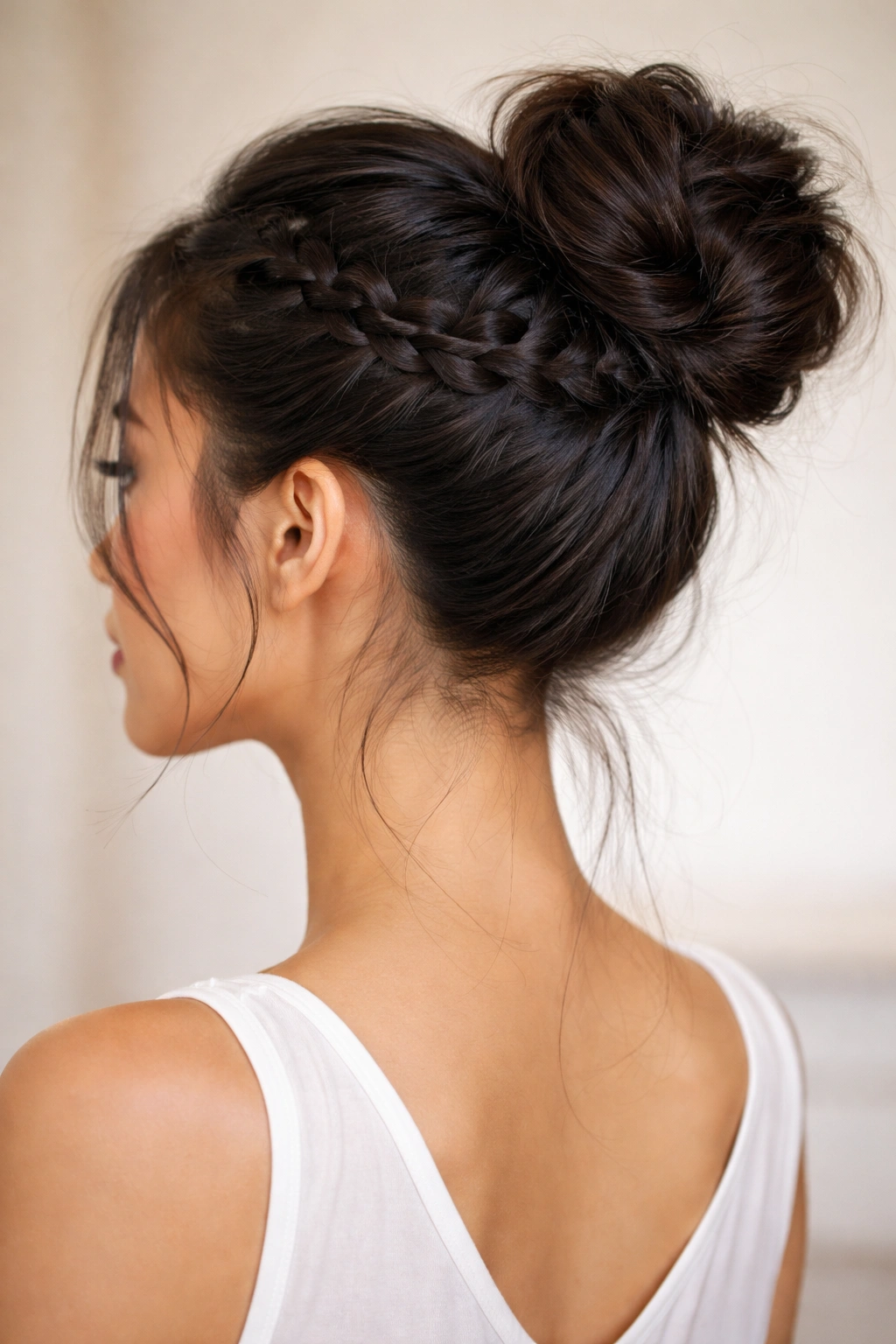 Braided crown bun with a crown braid encircling the head.