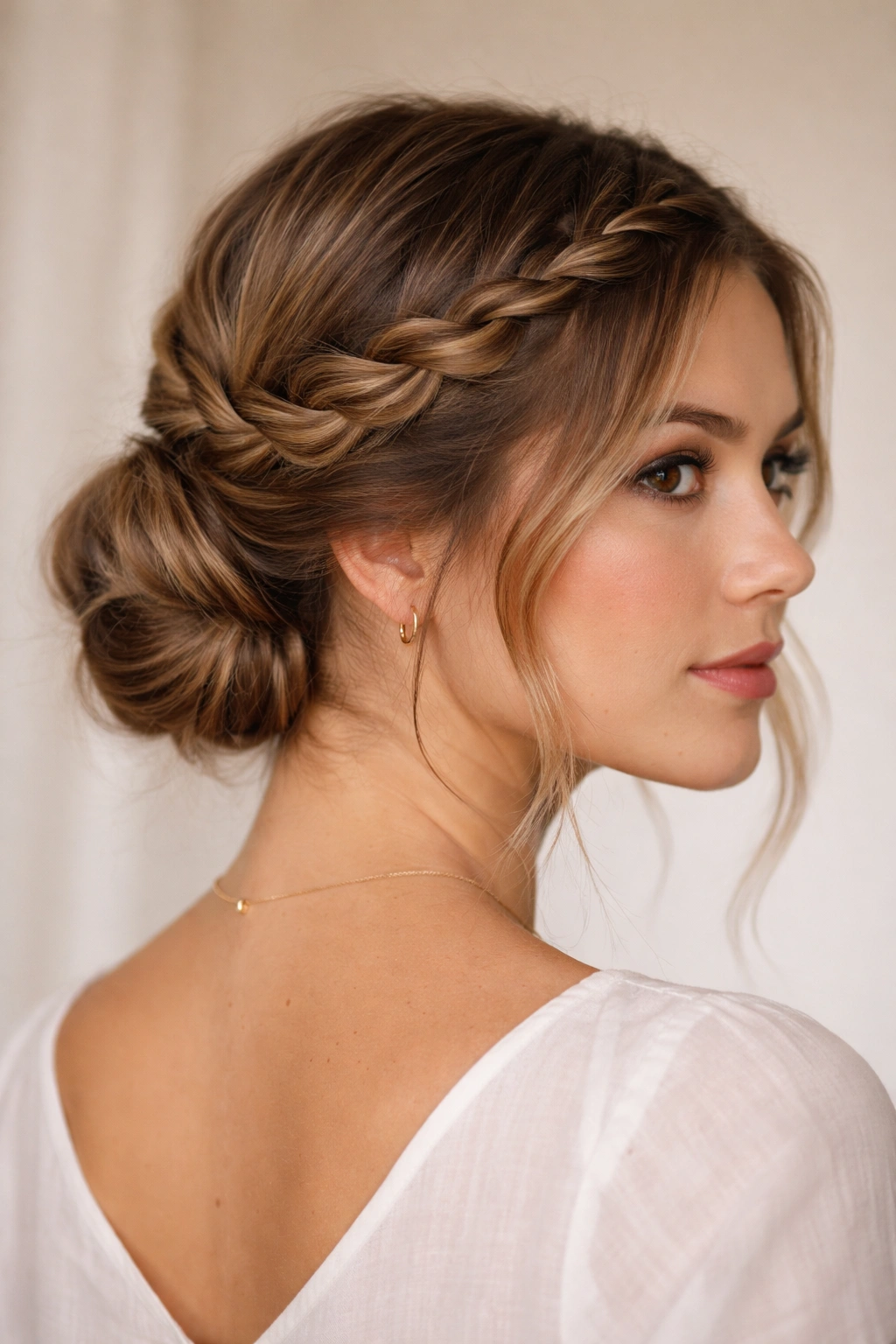 Frontal view of a braided crown bun with two loose braids framing the head