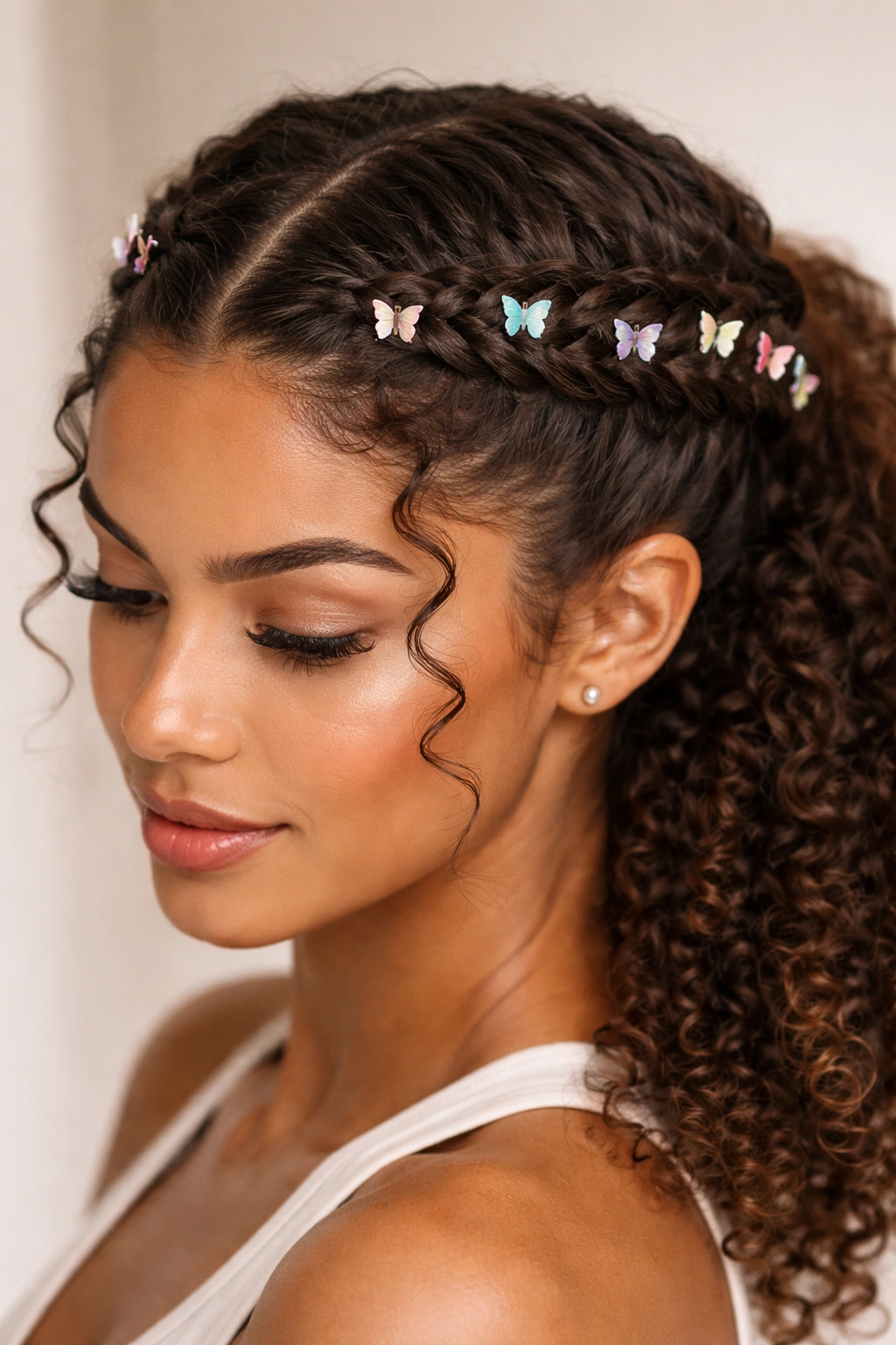 Braided crown with butterfly clips securing curly hair