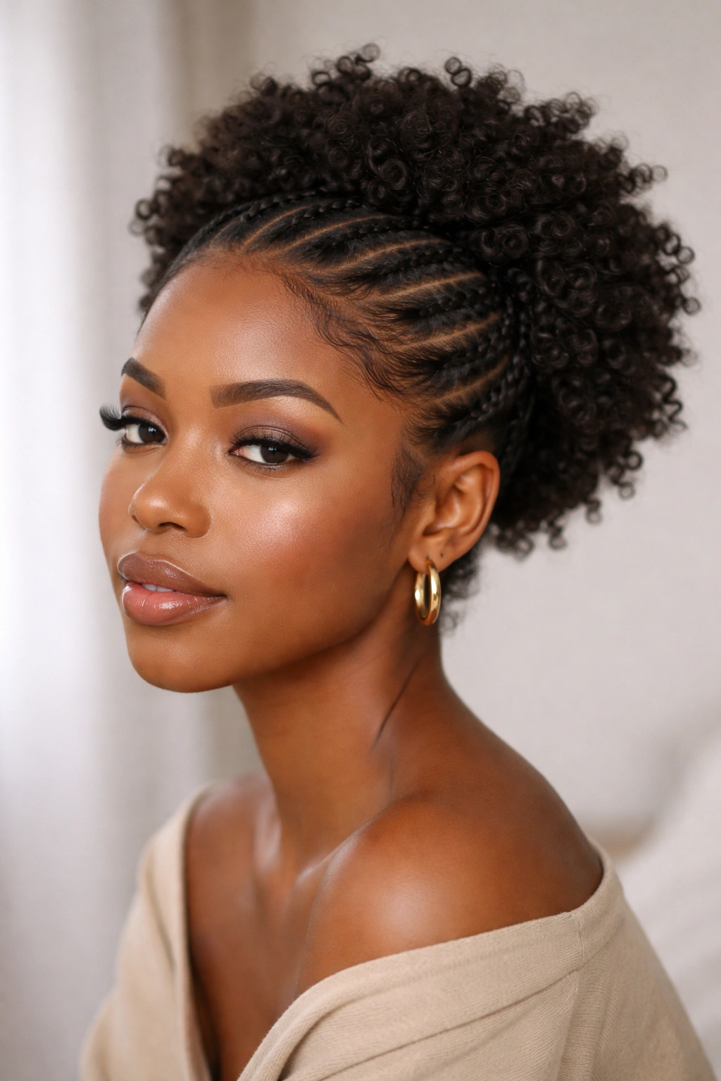 Head with braided hairline crown and soft coils on top