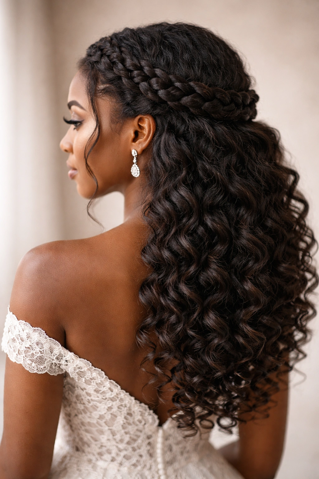 Back view of braided crown with loose coils framing a bride's head.