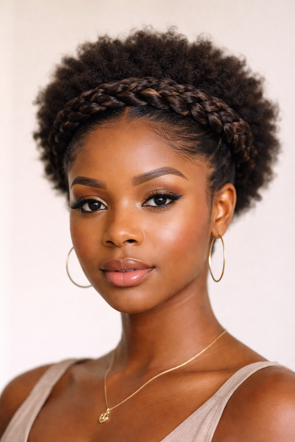 Head-on view of a woven braided crown around the top and back of the head